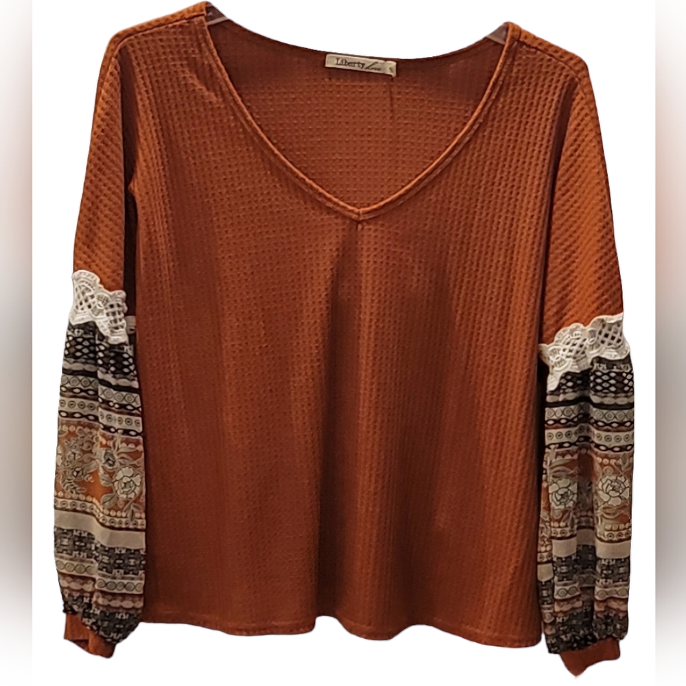 Liberty Love Boho Waffle Knit Fall Top Size 1XL Rust Orange